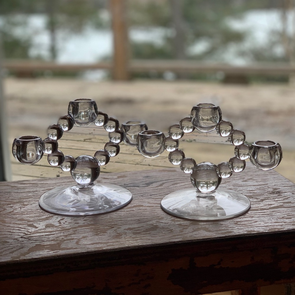 W.J. HUGHES CORNFLOWER | Set of 2 |Triple Art Deco Glass Candleholder